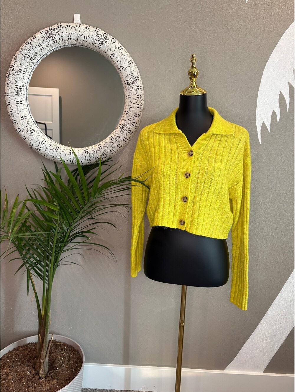 Yellow Ribbed Knit Button-Up Cardigan Sweater